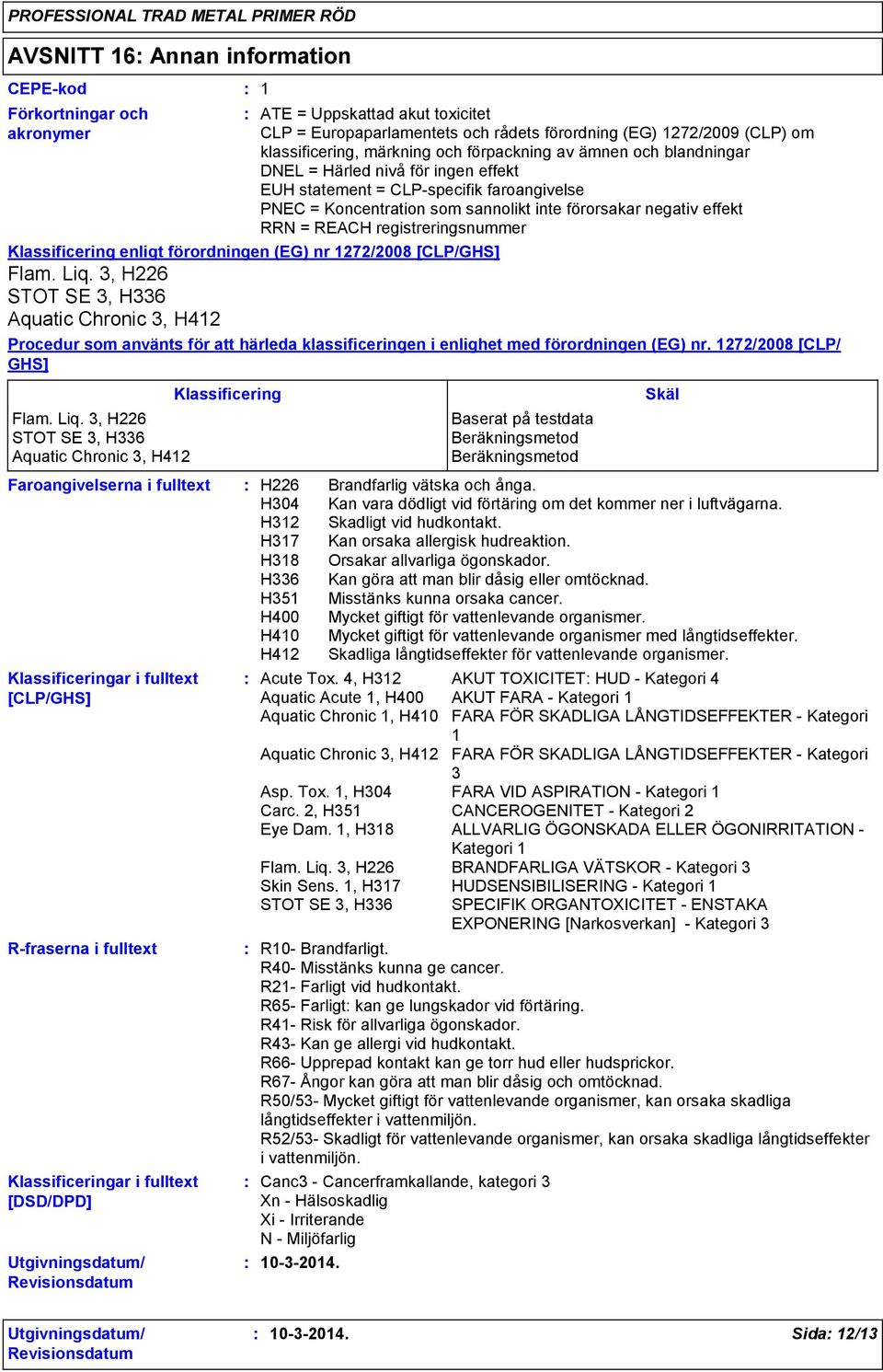 faroangivelse PNEC = Koncentration som sannolikt inte förorsakar negativ effekt RRN = REACH registreringsnummer Klassificering enligt förordningen (EG) nr 1272/2008 [CLP/GHS] Flam. Liq.