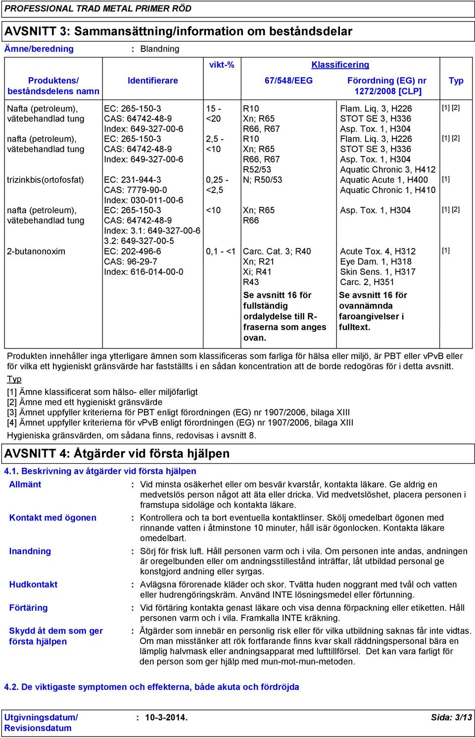 231-944-3 CAS 7779-90-0 Index 030-011-00-6 nafta (petroleum), vätebehandlad tung EC 265-150-3 CAS 64742-48-9 Index 3.1 649-327-00-6 3.