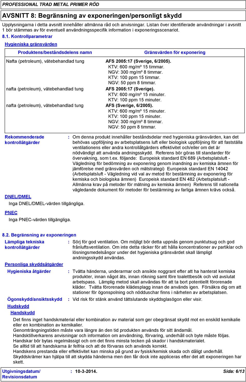 KTV 600 mg/m³ 15 timmar. NGV 300 mg/m³ 8 timmar. KTV 100 ppm 15 timmar. NGV 50 ppm 8 timmar. nafta (petroleum), vätebehandlad tung AFS 200517 (Sverige). KTV 600 mg/m³ 15 minuter.