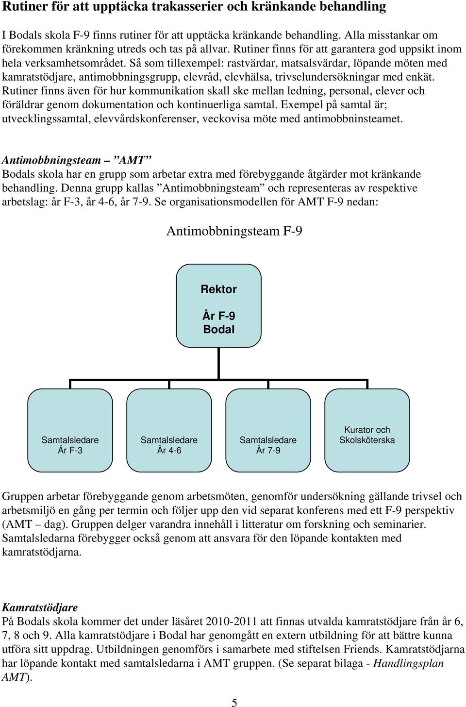 Så som tillexempel: rastvärdar, matsalsvärdar, löpande möten med kamratstödjare, antimobbningsgrupp, elevråd, elevhälsa, trivselundersökningar med enkät.