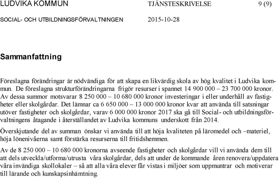 Av dessa summor motsvarar 8 250 000 10 680 000 kronor investeringar i eller underhåll av fastigheter eller skolgårdar.