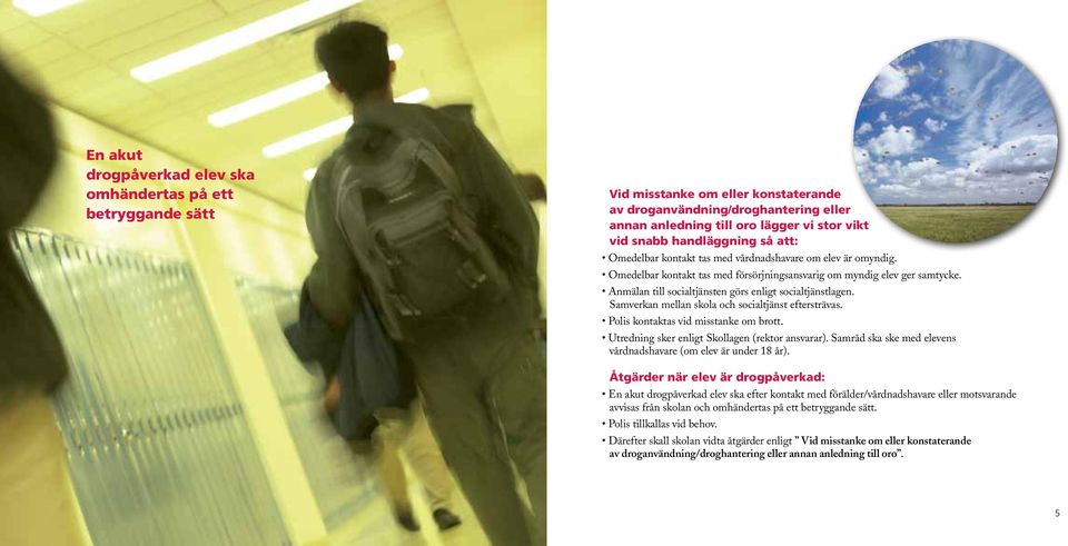 Anmälan till socialtjänsten görs enligt socialtjänstlagen. Samverkan mellan skola och socialtjänst eftersträvas. Polis kontaktas vid misstanke om brott.