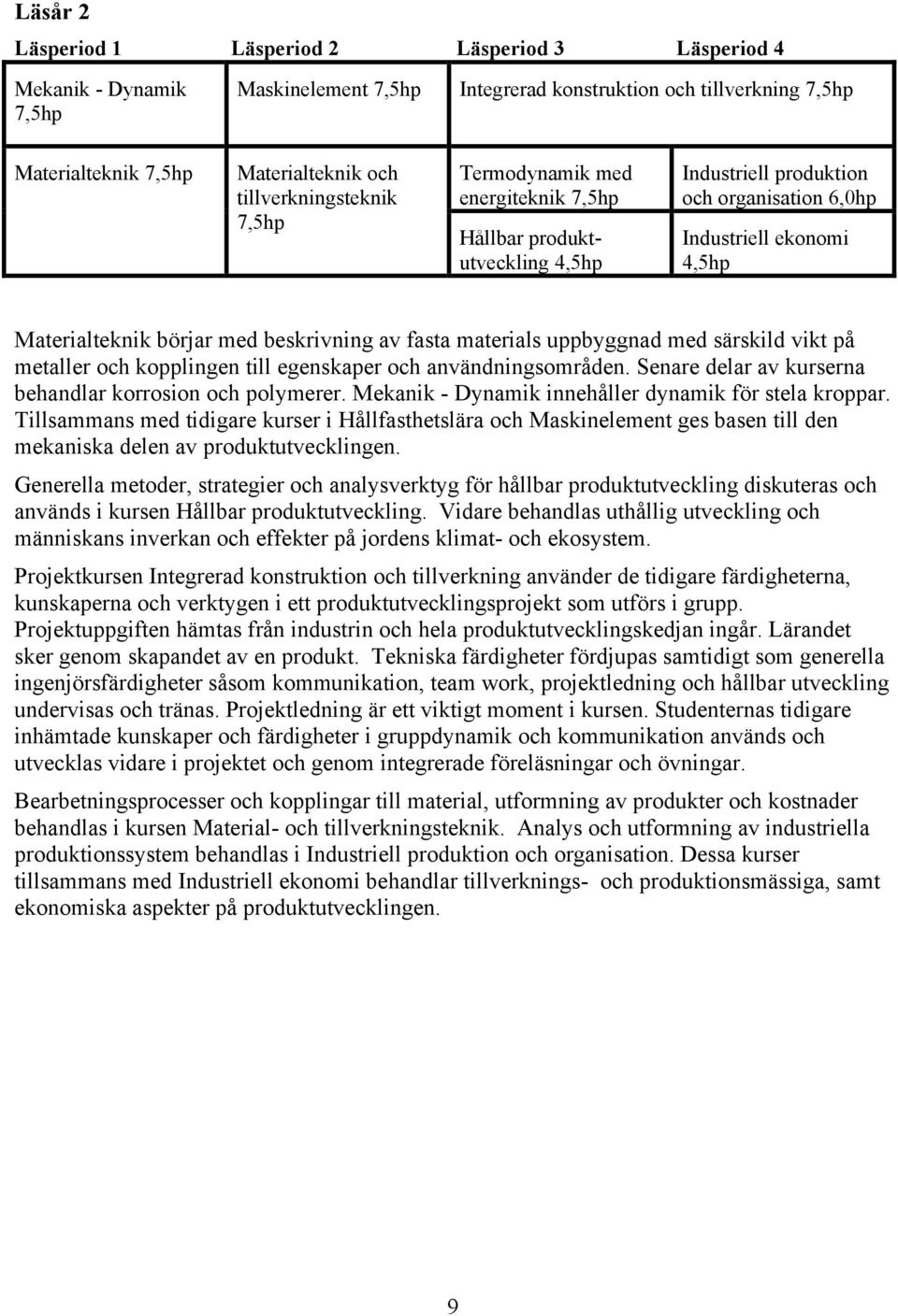 beskrivning av fasta materials uppbyggnad med särskild vikt på metaller och kopplingen till egenskaper och användningsområden. Senare delar av kurserna behandlar korrosion och polymerer.