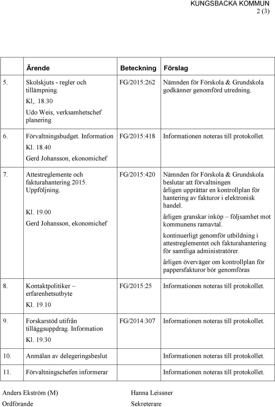 19.30 FG/2015:262 FG/2015:418 FG/2015:420 FG/2015:25 FG/2014:307 Nämnden för Förskola & Grundskola godkänner genomförd utredning. Informationen noteras till protokollet.