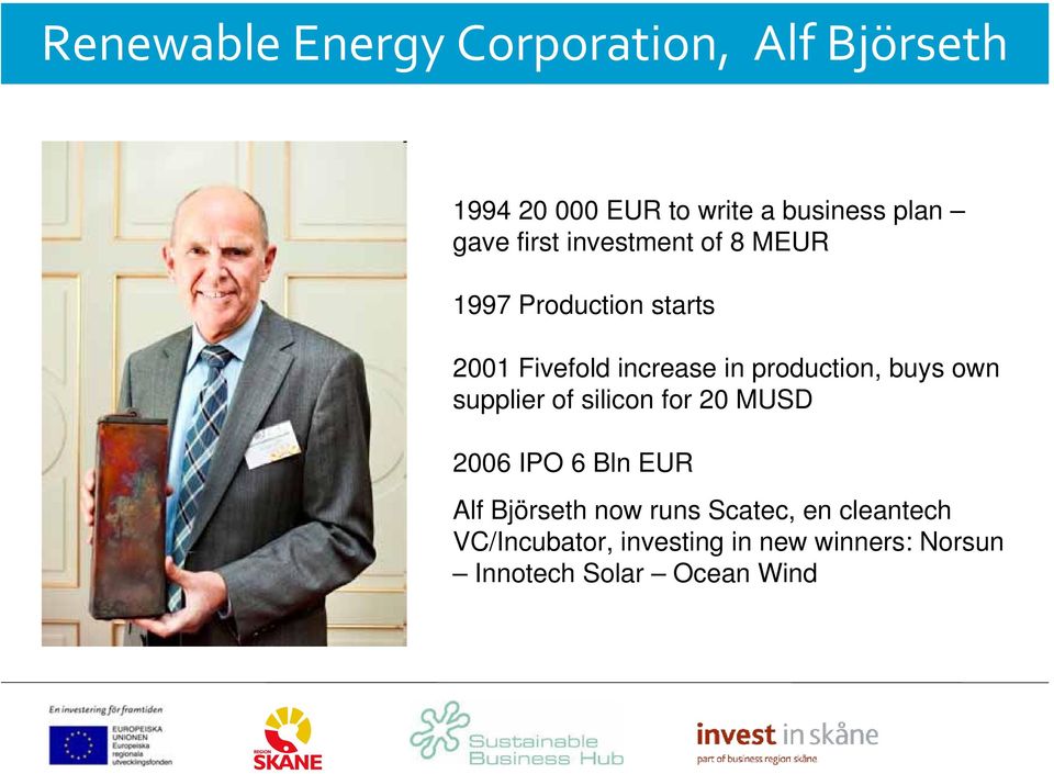 production, buys own supplier of silicon for 20 MUSD 2006 IPO 6 Bln EUR Alf Björseth