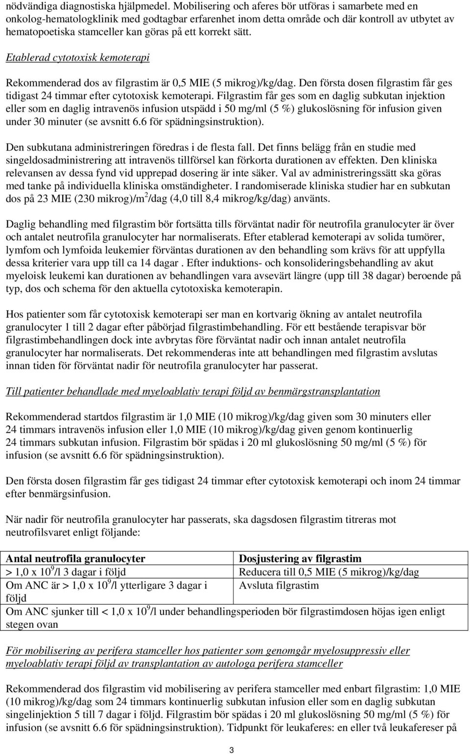 korrekt sätt. Etablerad cytotoxisk kemoterapi Rekommenderad dos av filgrastim är 0,5 MIE (5 mikrog)/kg/dag. Den första dosen filgrastim får ges tidigast 24 timmar efter cytotoxisk kemoterapi.