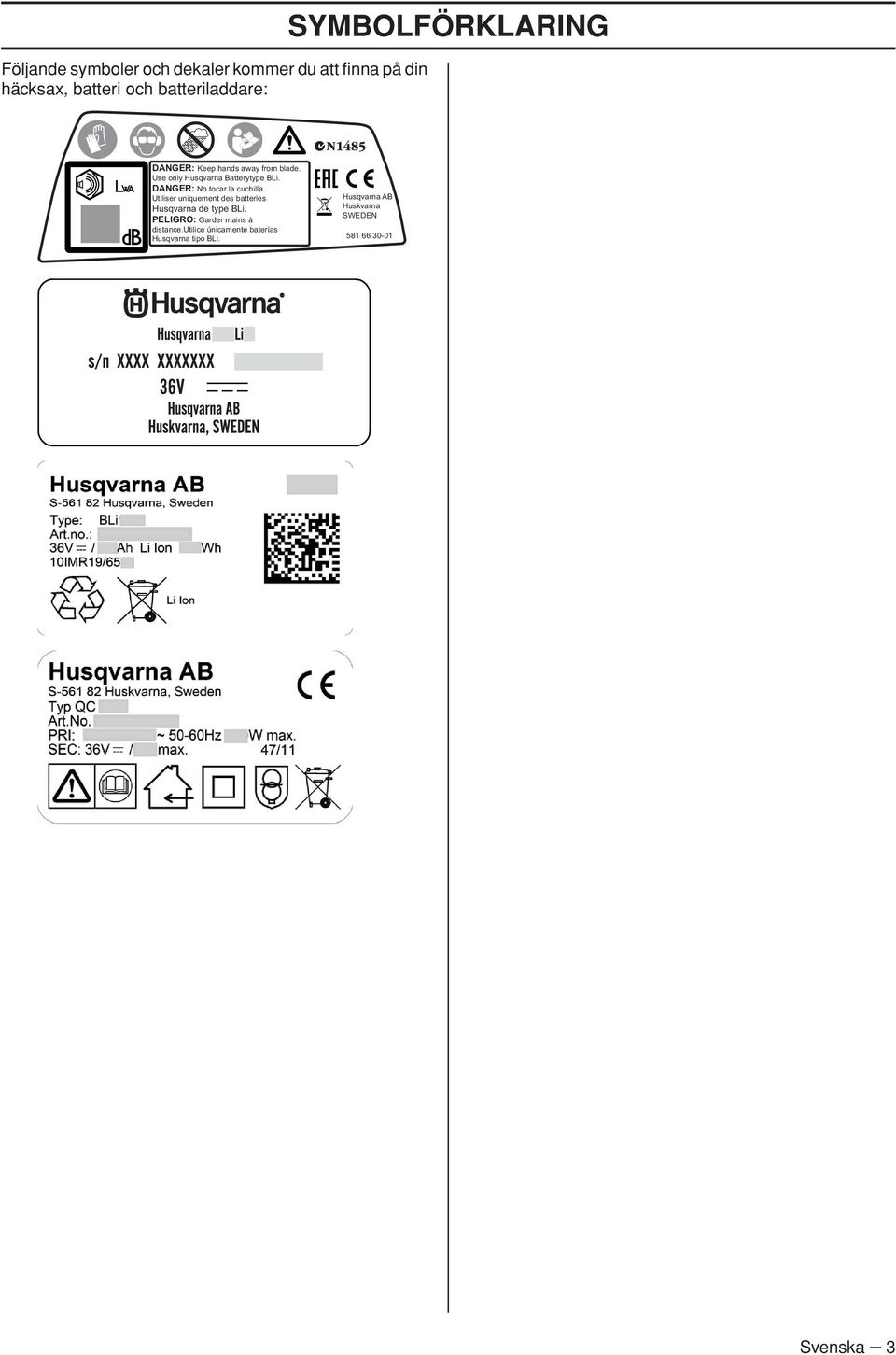 DANGER: No tocar la cuchilla. Utiliser uniquement des batteries Husqvarna de type BLi.