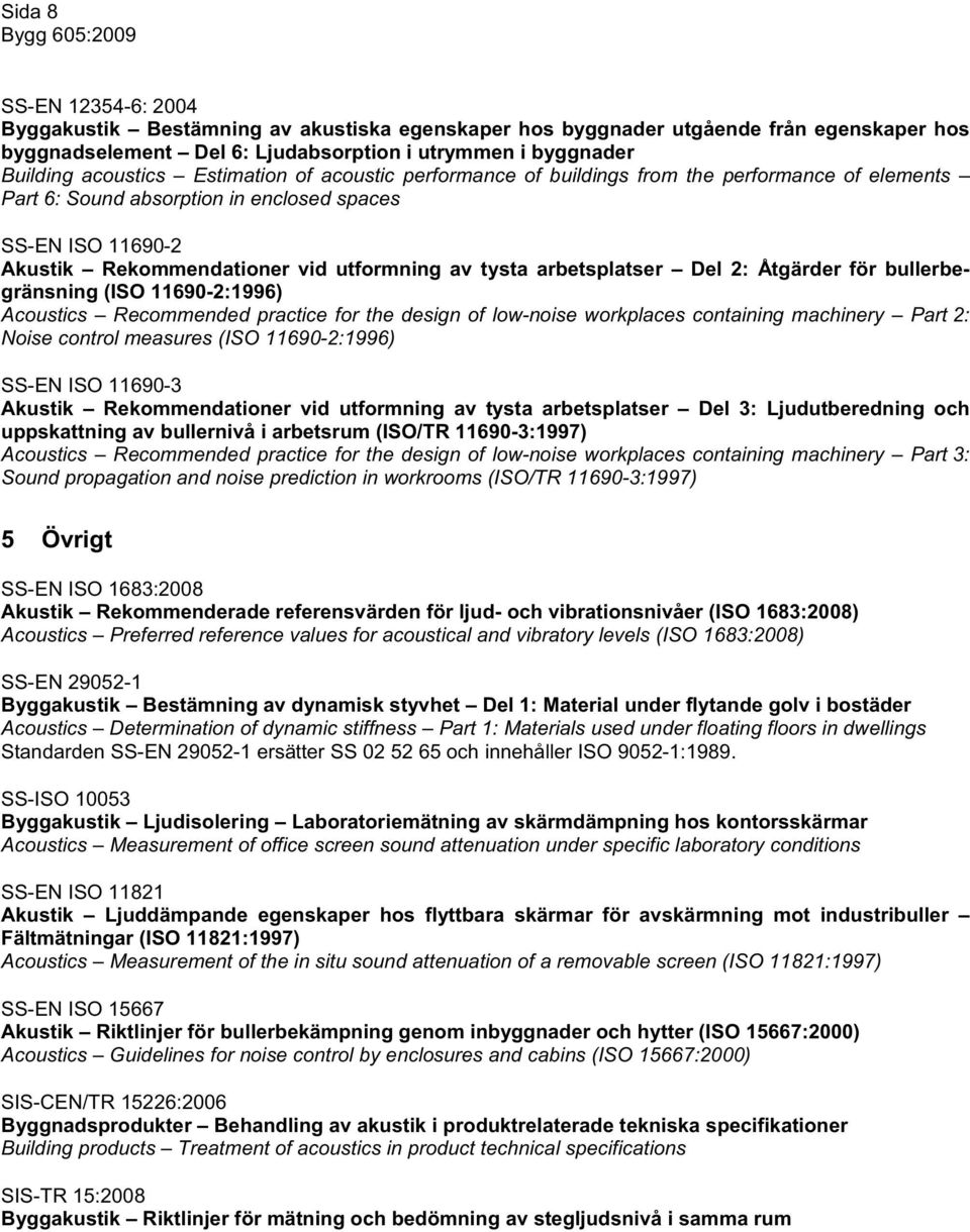 11690-2:1996) SS-EN ISO 11690-3 Akustik Rekommendationer vid utformning av tysta arbetsplatser Del 3: Ljudutberedning och uppskattning av bullernivå i arbetsrum (ISO/TR 11690-3:1997) Acoustics