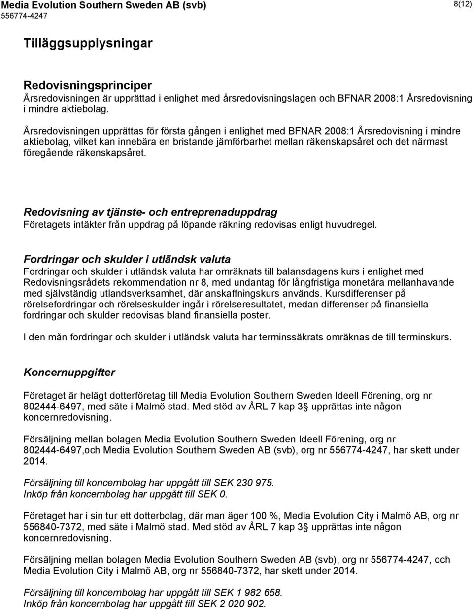 Årsredovisningen upprättas för första gången i enlighet med BFNAR 2008:1 Årsredovisning i mindre aktiebolag, vilket kan innebära en bristande jämförbarhet mellan räkenskapsåret och det närmast