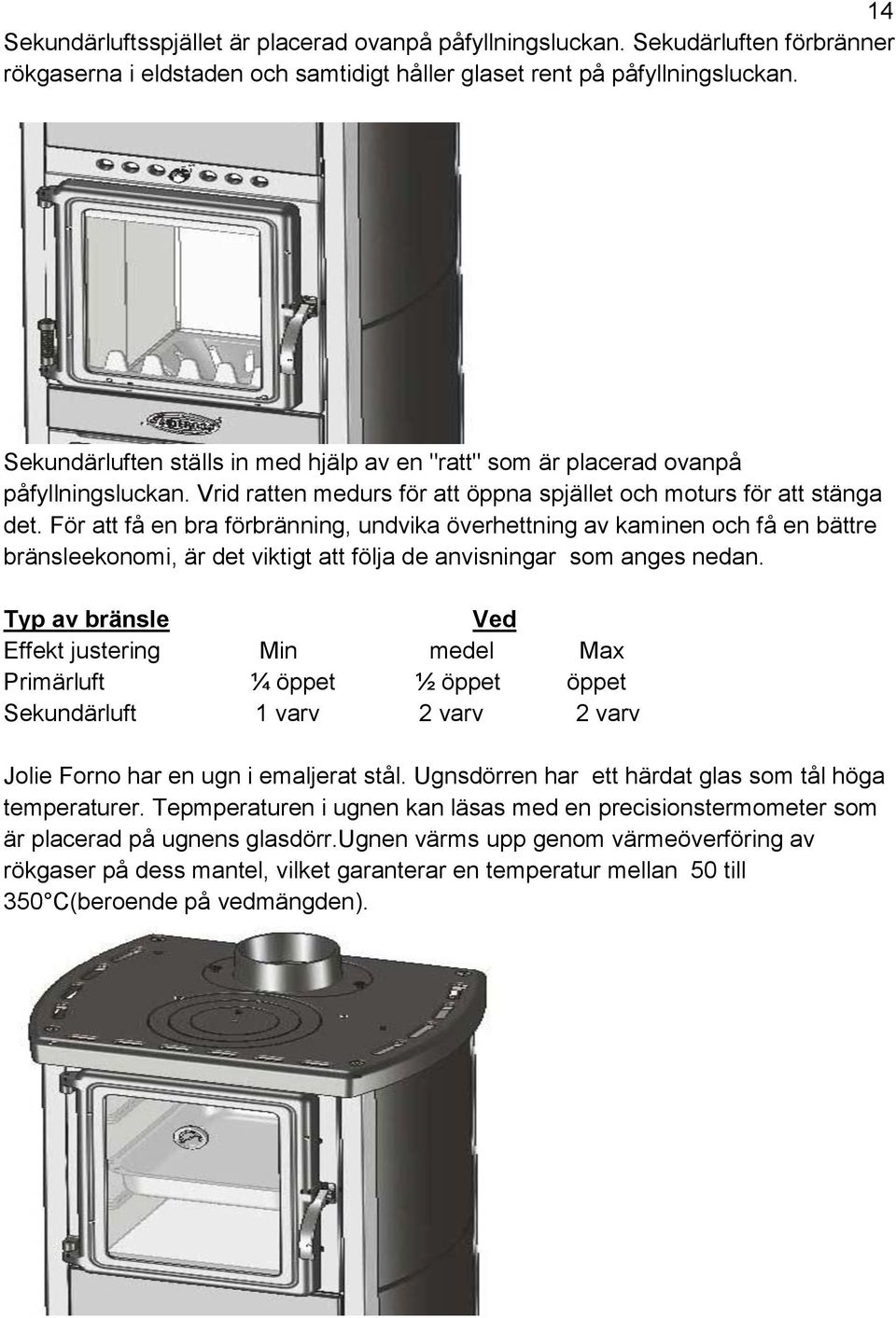 För att få en bra förbränning, undvika överhettning av kaminen och få en bättre bränsleekonomi, är det viktigt att följa de anvisningar som anges nedan.