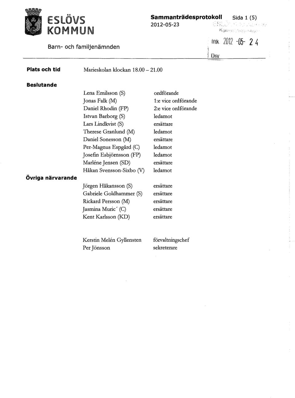 Sonesson (M) Per-Magnus Espgård (C) Josefm Esbjörnsson (FP) Marlene Jensen (SD) Håkan Svensson-Sixbo (V) Jörgen Håkansson (S) Gabriele Goldhammer (S)