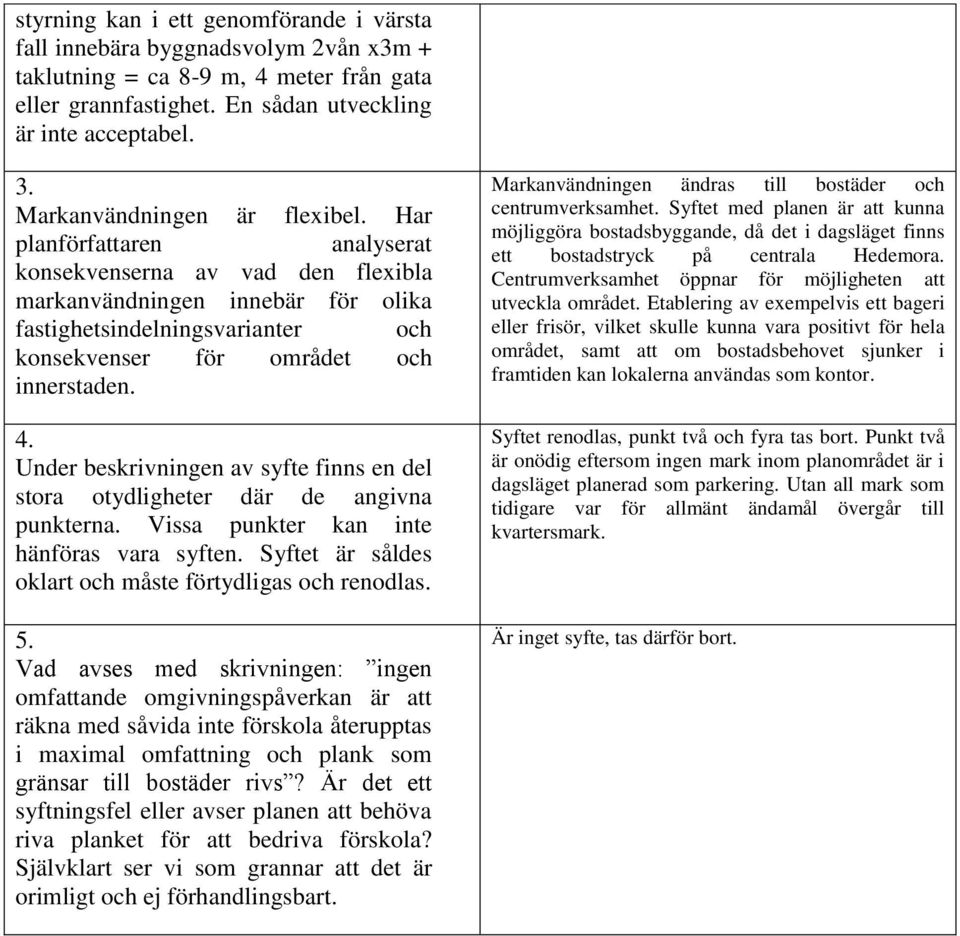 Har planförfattaren analyserat konsekvenserna av vad den flexibla markanvändningen innebär för olika fastighetsindelningsvarianter och konsekvenser för området och innerstaden. 4.