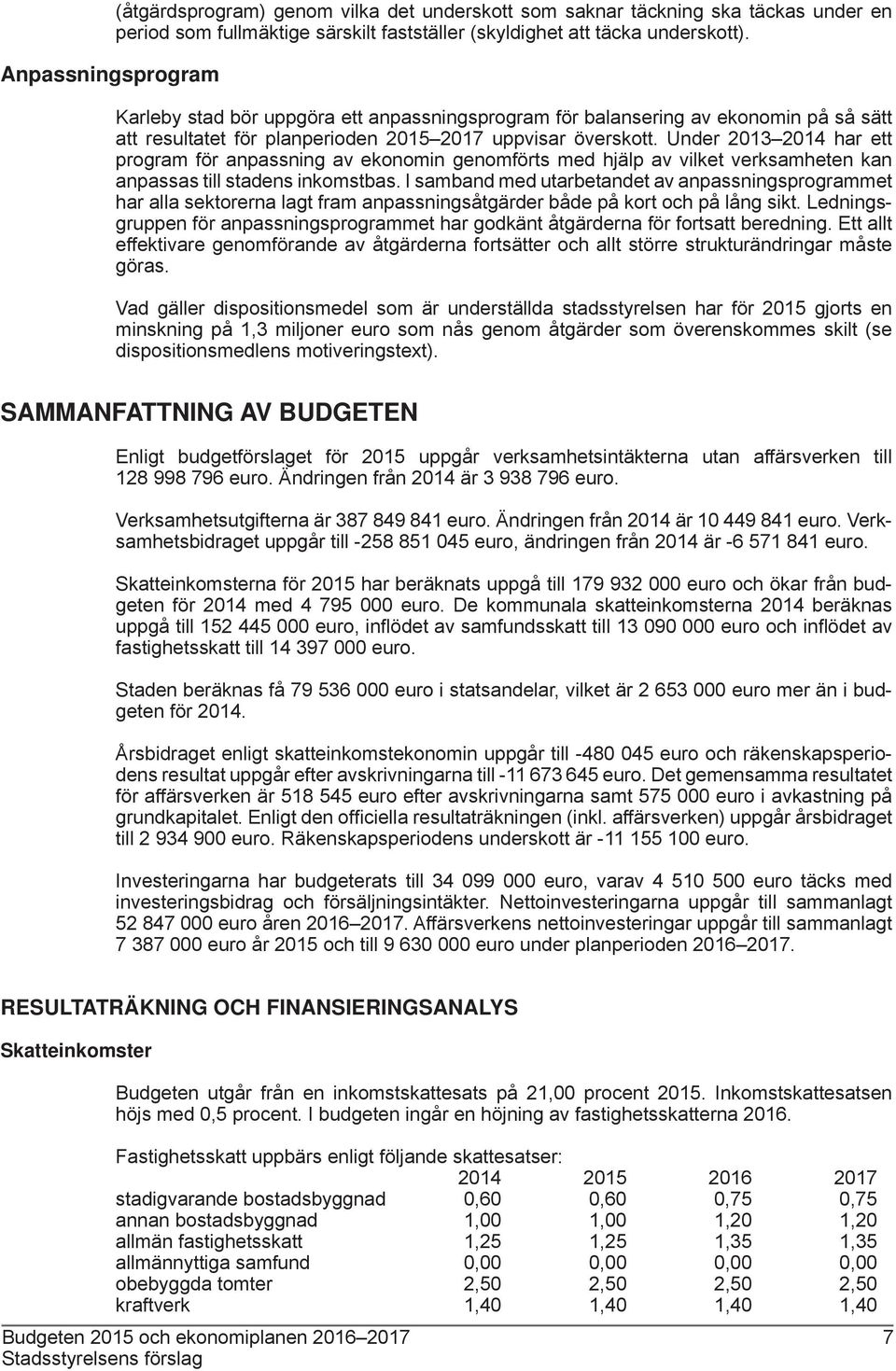 Under 2013 2014 har ett program för anpassning av ekonomin genomförts med hjälp av vilket verksamheten kan anpassas till stadens inkomstbas.