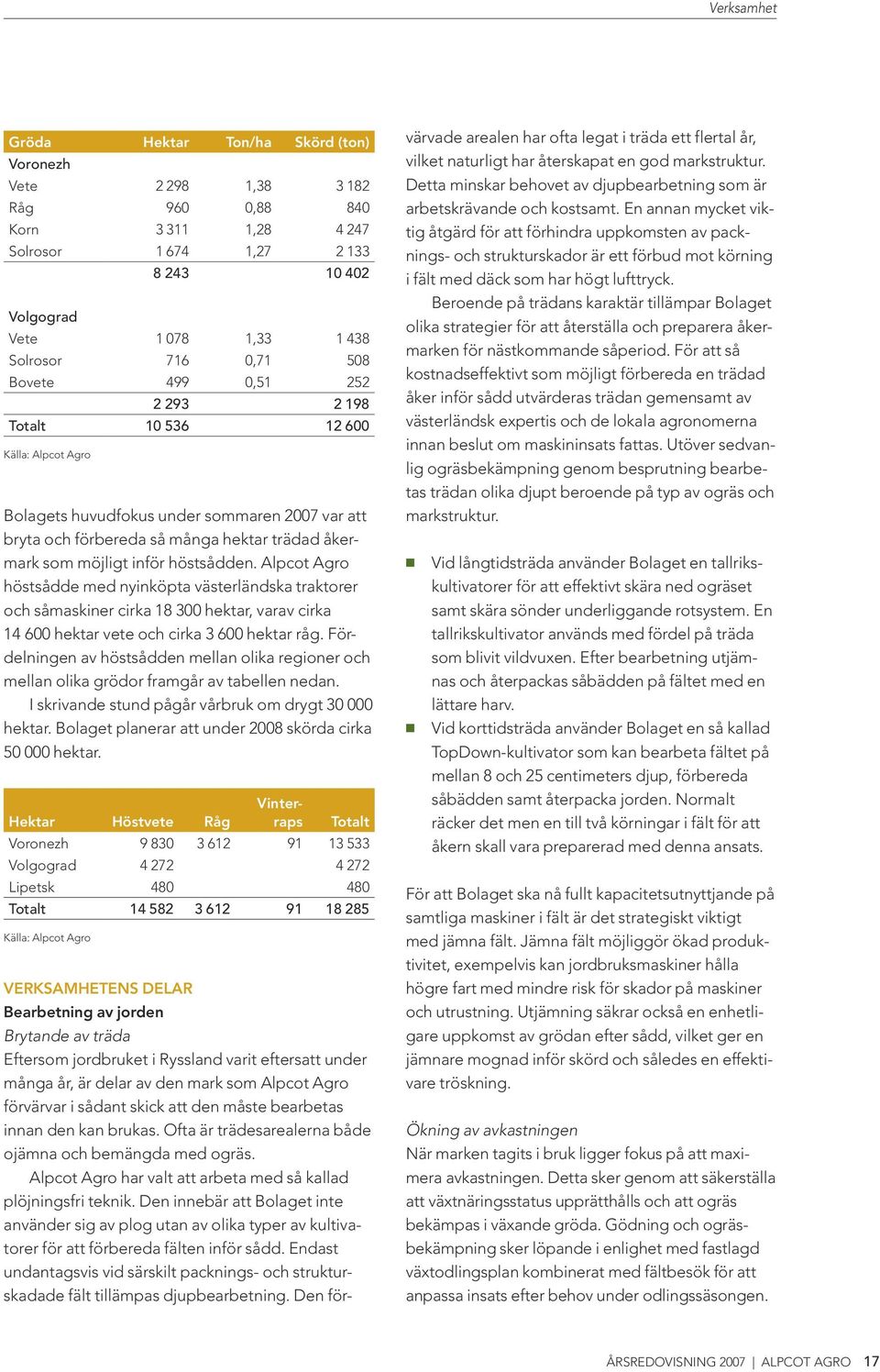 höstsådden. Alpcot Agro höstsådde med nyinköpta västerländska traktorer och såmaskiner cirka 18 300 hektar, varav cirka 14 600 hektar vete och cirka 3 600 hektar råg.