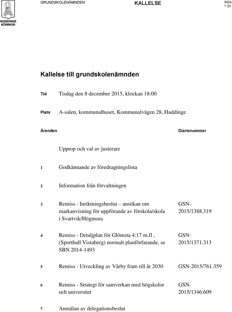 av förskola/skola i Svartvik/Högmora GSN- 2015/1388.319 4 Remiss - Detaljplan för Glömsta 4:17 m.fl, (Sporthall Vistaberg) normalt planförfarande, se SBN 2014-1493 GSN- 2015/1371.