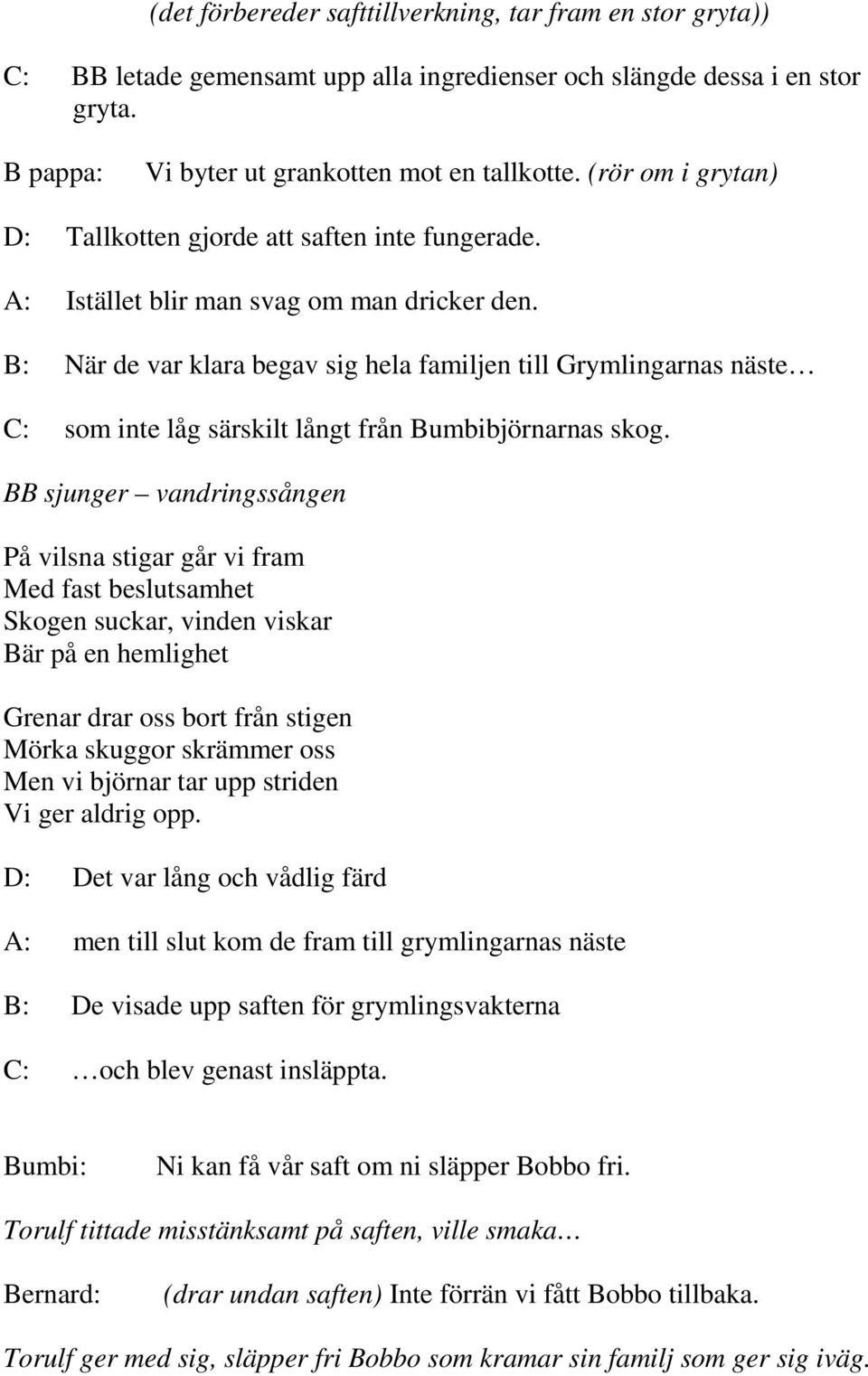 B: När de var klara begav sig hela familjen till Grymlingarnas näste C: som inte låg särskilt långt från Bumbibjörnarnas skog.