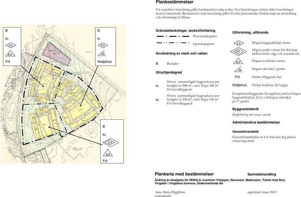 B e 2 3,5 8,0 B e 1 3,5 30 Gränsbeteckningar, teckenförklaring Planområdesgräns Egenskapsgräns Användning av mark och vatten Utformning, utförande 3,5 3,5 Högsta byggnadshöjd i meter Högsta punkt i