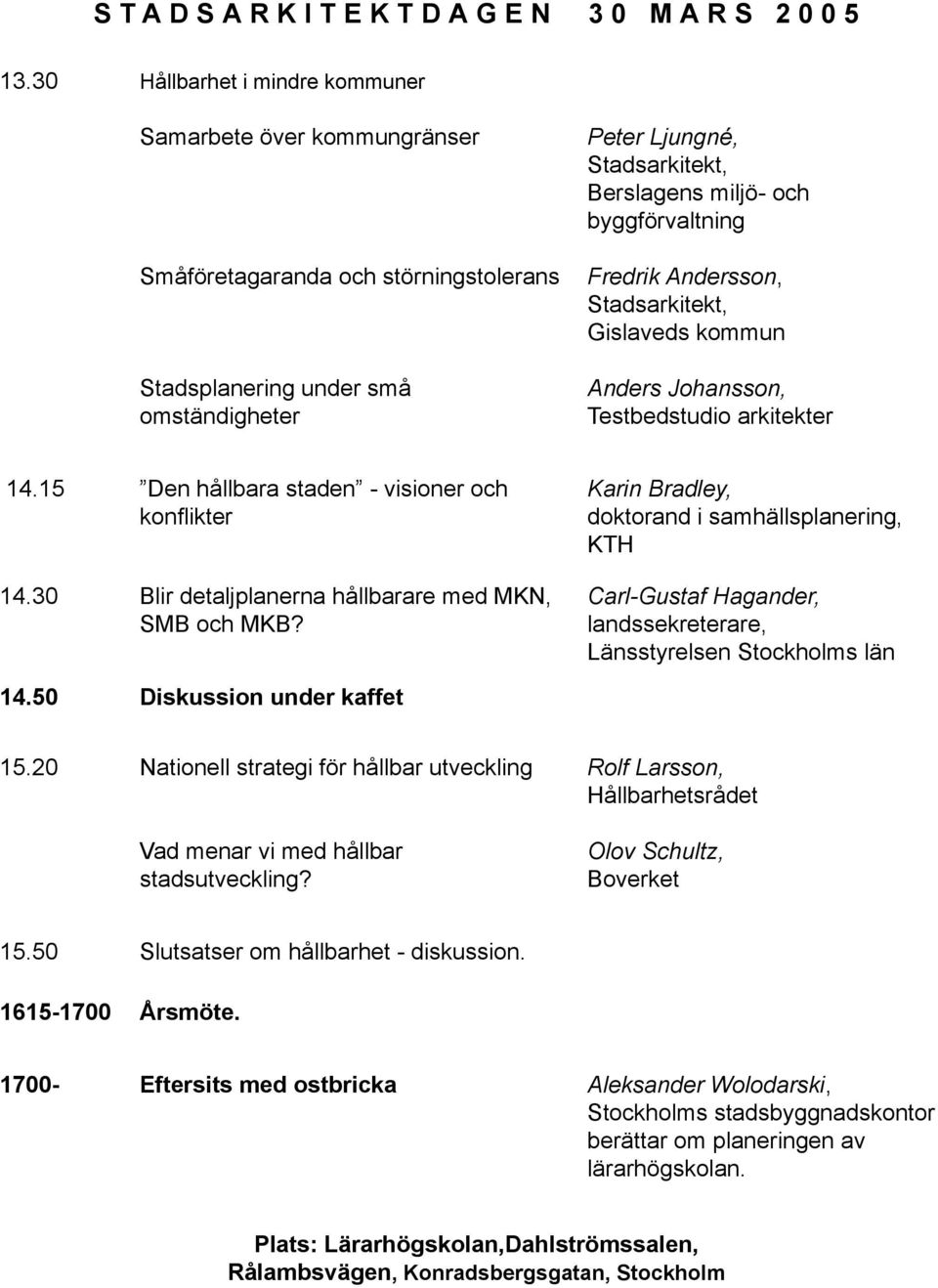 byggförvaltning Fredrik Andersson, Stadsarkitekt, Gislaveds kommun Anders Johansson, Testbedstudio arkitekter 14.15 Den hållbara staden - visioner och konflikter 14.