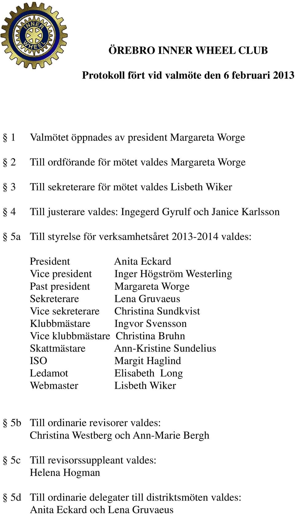 Westerling Past president Margareta Worge Sekreterare Lena Gruvaeus Vice sekreterare Christina Sundkvist Klubbmästare Ingvor Svensson Vice klubbmästare Christina Bruhn Skattmästare Ann-Kristine