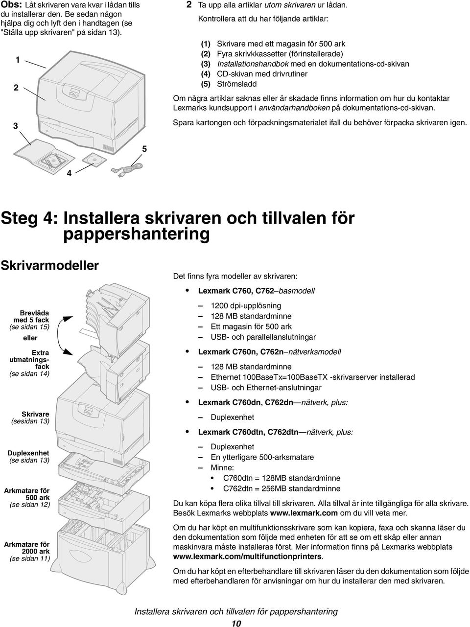 Kontrollera att du har följande artiklar: (1) Skrivare med ett magasin för 500 ark (2) Fyra skrivkkassetter (förinstallerade) (3) Installationshandbok med en dokumentations-cd-skivan (4) CD-skivan