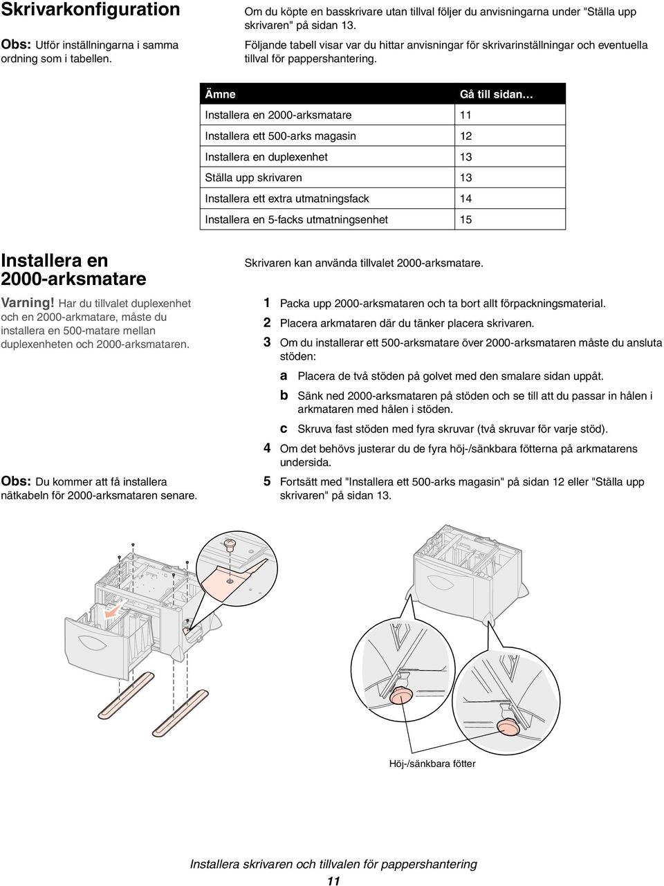 Ämne Gå till sidan Installera en 2000-arksmatare 11 Installera ett 500-arks magasin 12 Installera en duplexenhet 13 Ställa upp skrivaren 13 Installera ett extra utmatningsfack 14 Installera en