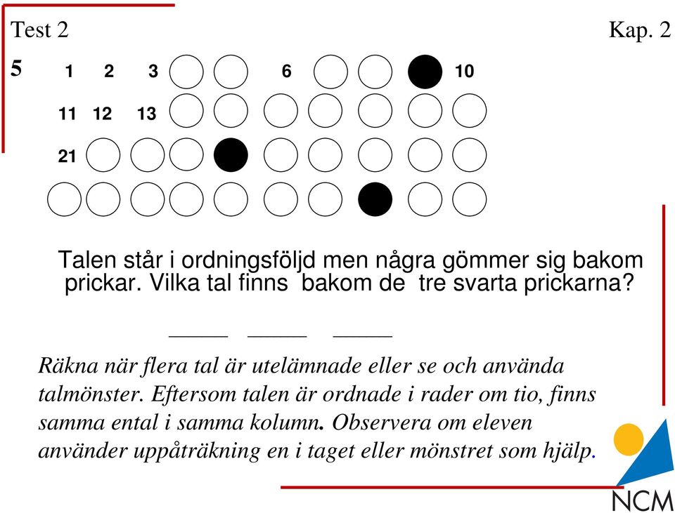 Talen står i ordningsföljd men några gömmer sig bakom prickar. Vilka tal finns bakom de tre svarta prickarna?