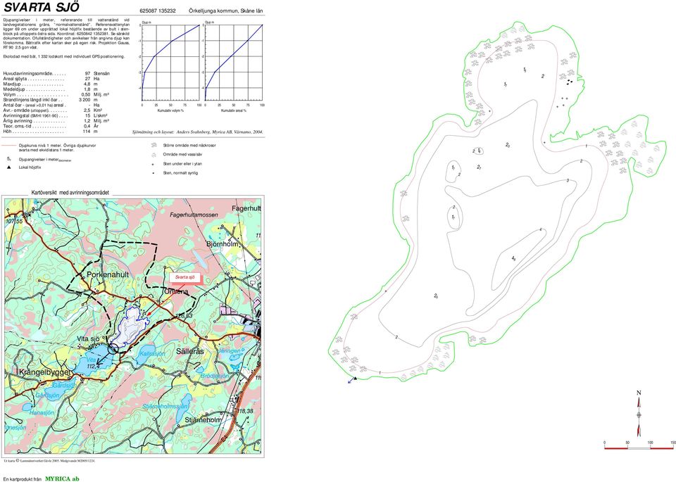 Ofullständigheter och avvikelser från angivna djup kan förekoa. Båttrafik efter kartan sker på egen risk. Projektion Gauss, RT 9,5 gon väst.