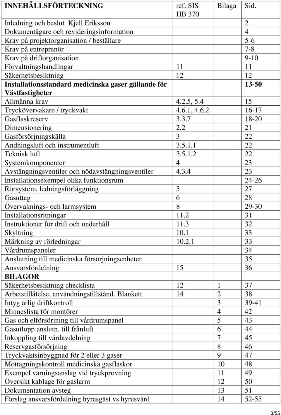 Förvaltningshandlingar 11 11 Säkerhetsbesiktning 12 12 Installationsstandard medicinska gaser gällande för 13-50 Västfastigheter Allmänna krav 4.2.5, 5.4 15 Tryckövervakare / tryckvakt 4.6.