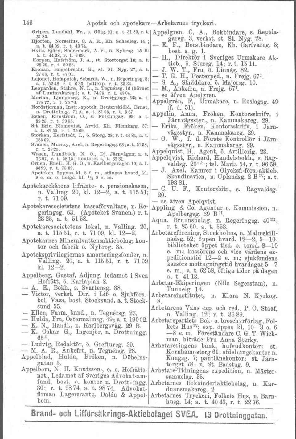 _ H Direktör i Sveriges Urmakare Ak- Korpen, Hafström, J. A., st. Stortorget 16; a. t. 't'l'eb" Stureg 14' r t 1511 2820,r. t. 8988.., o.....'.. Kronan, Engelbrecht, K., st. St. Nyg. 27; a. t. - J. W.