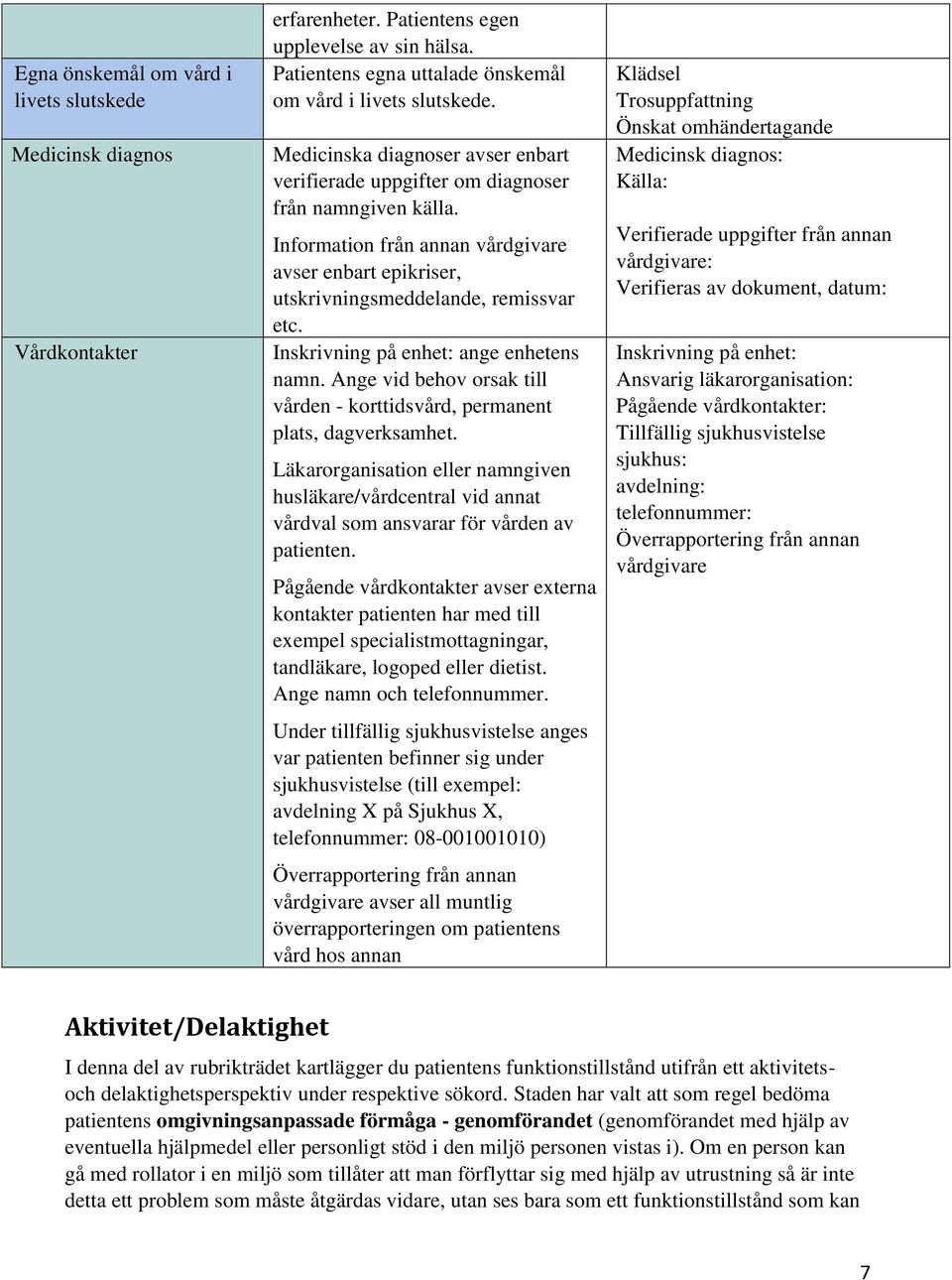 Inskrivning på enhet: ange enhetens namn. Ange vid behov orsak till vården - korttidsvård, permanent plats, dagverksamhet.