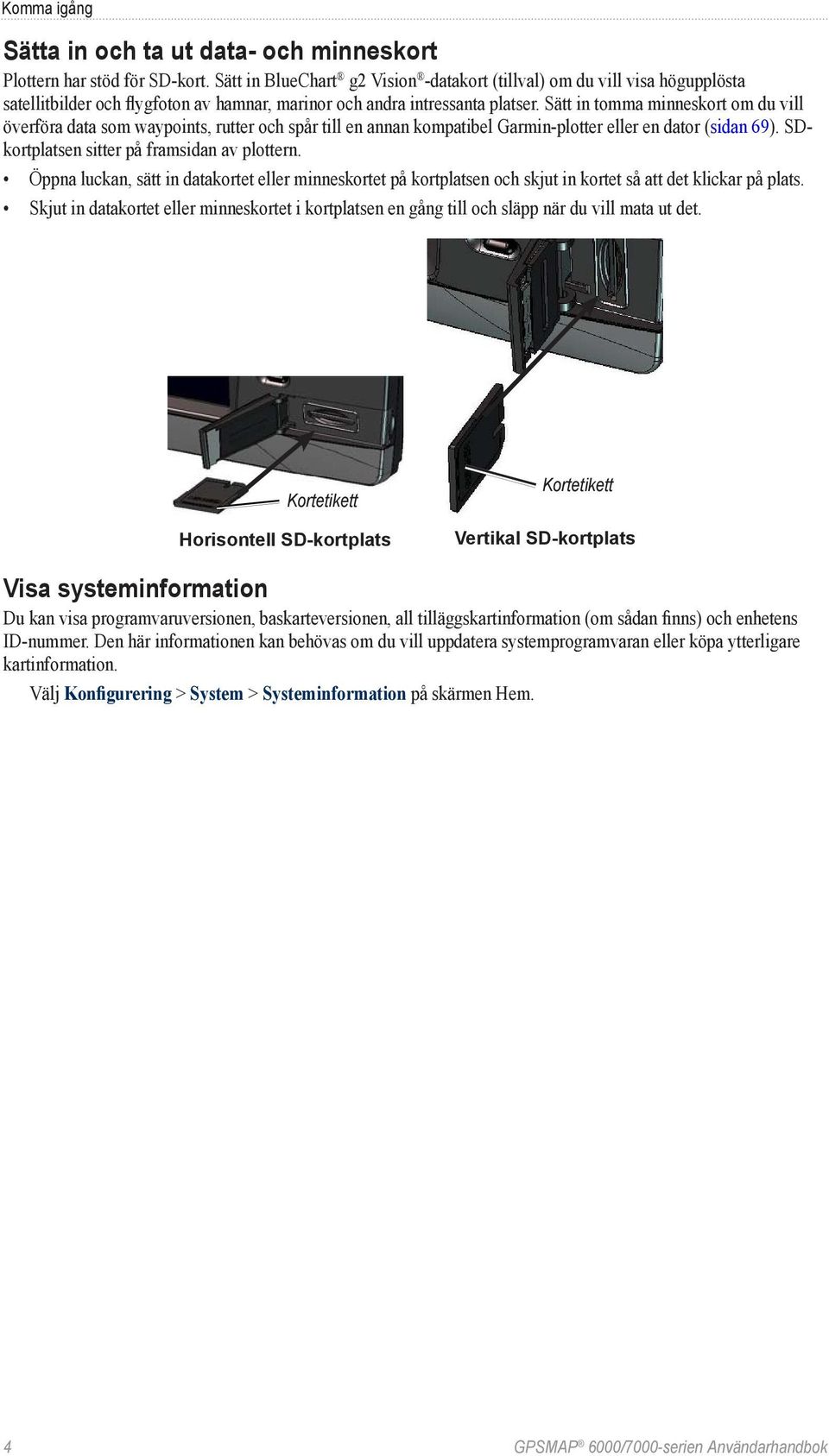 Sätt in tomma minneskort om du vill överföra data som waypoints, rutter och spår till en annan kompatibel Garmin-plotter eller en dator (sidan 69). SDkortplatsen sitter på framsidan av plottern.