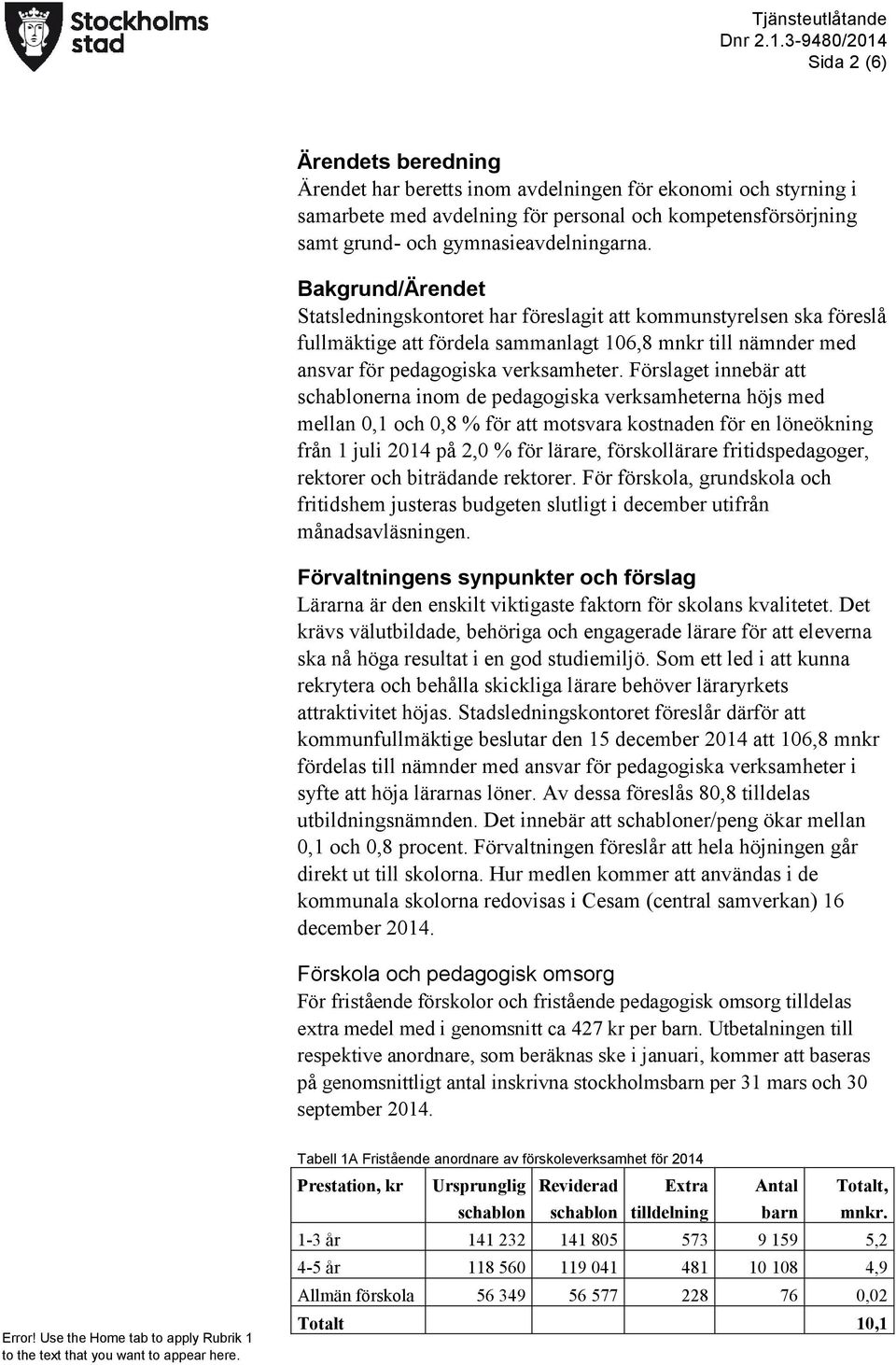 Förslaget innebär att schablonerna inom de pedagogiska verksamheterna höjs med mellan 0,1 och 0,8 % för att motsvara kostnaden för en löneökning från 1 juli 2014 på 2,0 % för lärare, förskollärare