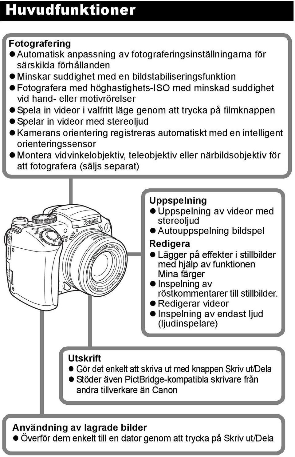 intelligent orienteringssensor Montera vidvinkelobjektiv, teleobjektiv eller närbildsobjektiv för att fotografera (säljs separat) Uppspelning Uppspelning av videor med stereoljud Autouppspelning