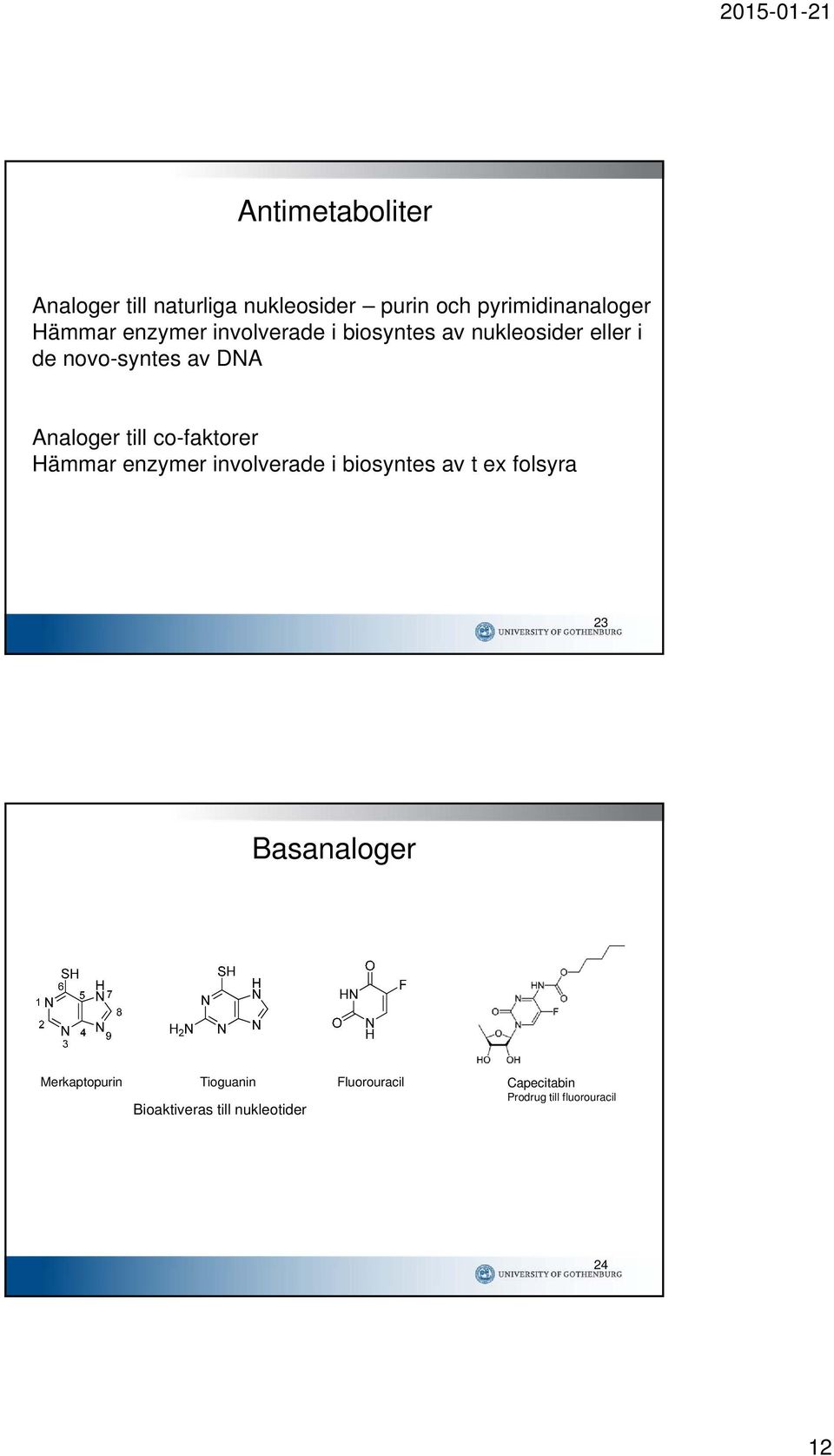 co-faktorer Hämmar enzymer involverade i biosyntes av t ex folsyra 23 Basanaloger