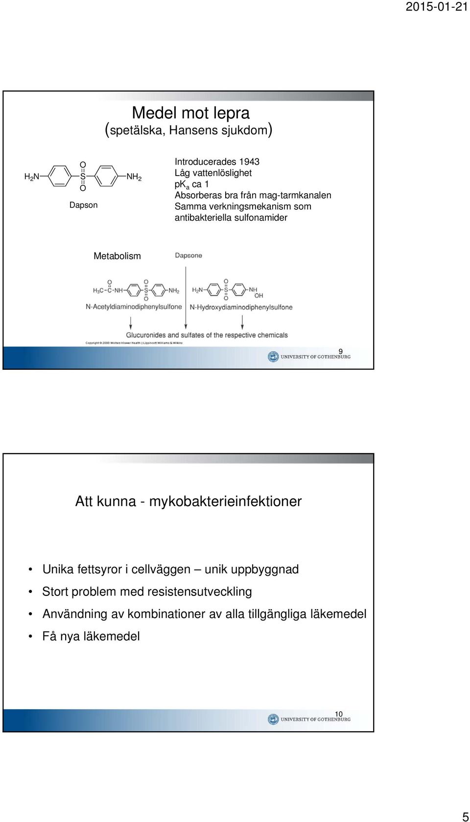 sulfonamider Metabolism 9 Att kunna - mykobakterieinfektioner Unika fettsyror i cellväggen unik