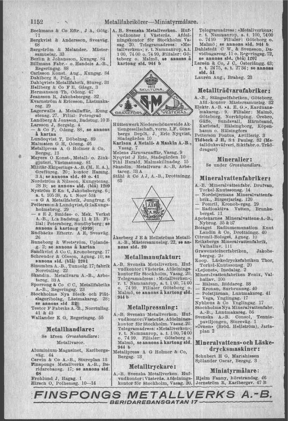 ,l Dahlqvists Metallfabrik, Stureg. 31 Hellberg & Co F E, Gäsgr. 3 Hermansson Th, Odeng. 47 Jeansson R, Jakobsbergsg. 32 Kvamström & Ericsson, Läatmakareg. 29 '. Lagerwalls A.