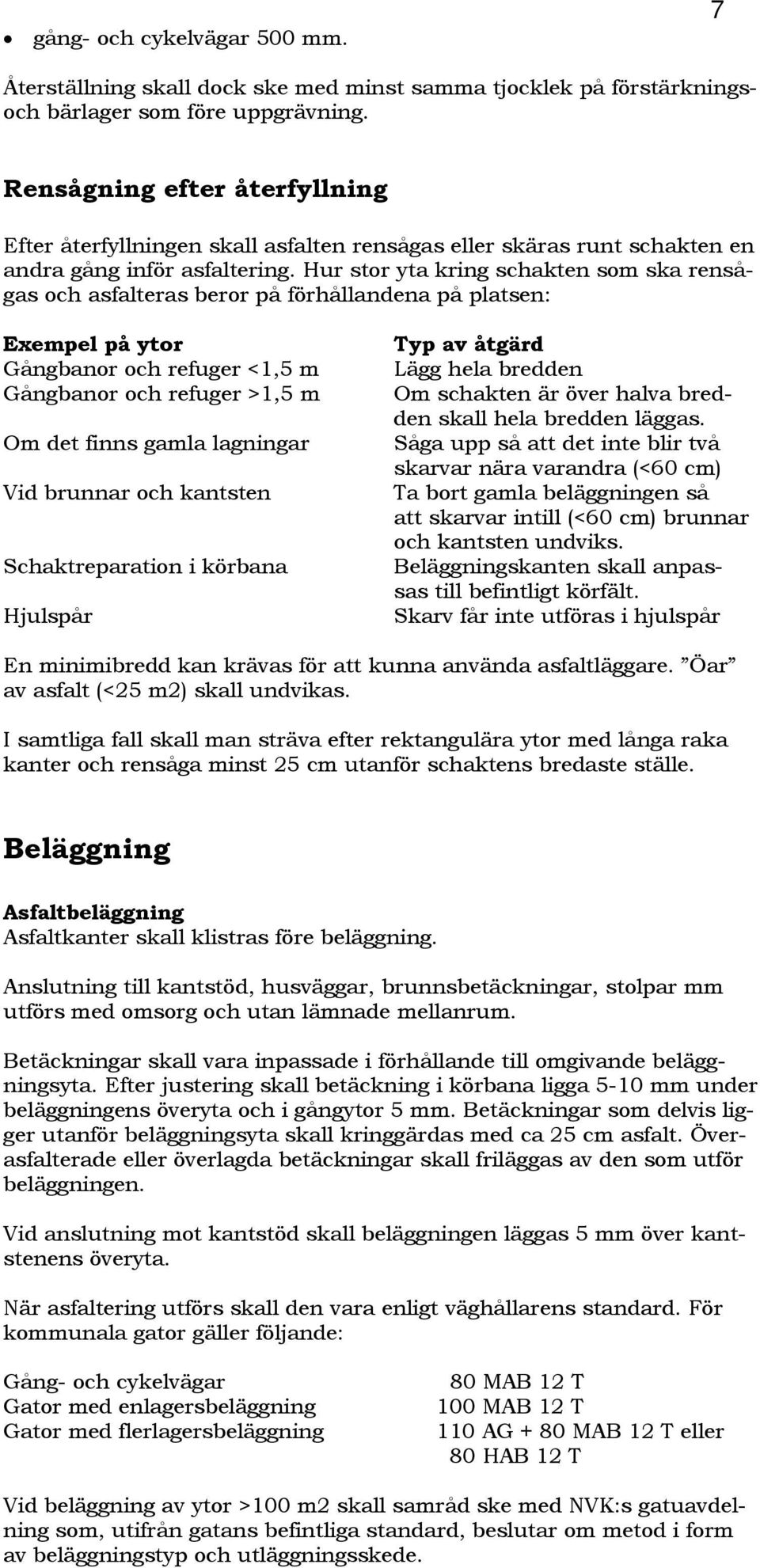 Hur stor yta kring schakten som ska rensågas och asfalteras beror på förhållandena på platsen: Exempel på ytor Gångbanor och refuger <1,5 m Gångbanor och refuger >1,5 m Om det finns gamla lagningar