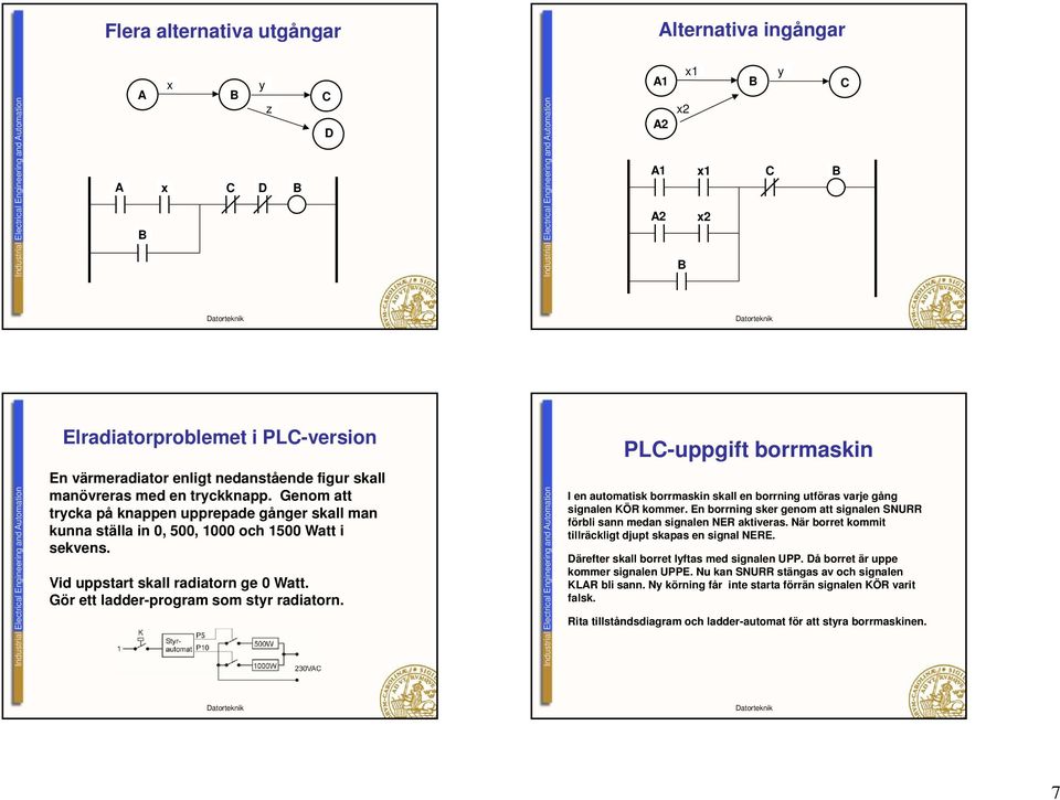 Vid uppstart skall radiatorn ge 0 Watt. Gör ett ladder-program som styr radiatorn. I en automatisk borrmaskin skall en borrning utföras varje gång signalen KÖR kommer.