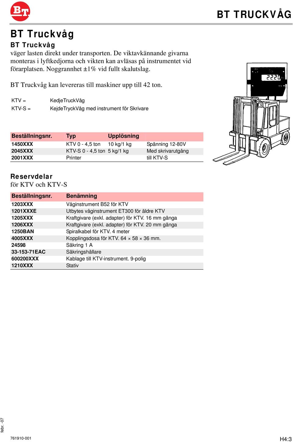 KTV = KTV-S = KedjeTruckVåg KejdeTryckVåg med instrument för Skrivare Typ Upplösning 1450XXX KTV 0-4,5 ton 10 kg/1 kg Spänning 12-80V 2045XXX KTV-S 0-4,5 ton 5 kg/1 kg Med skrivarutgång 2001XXX