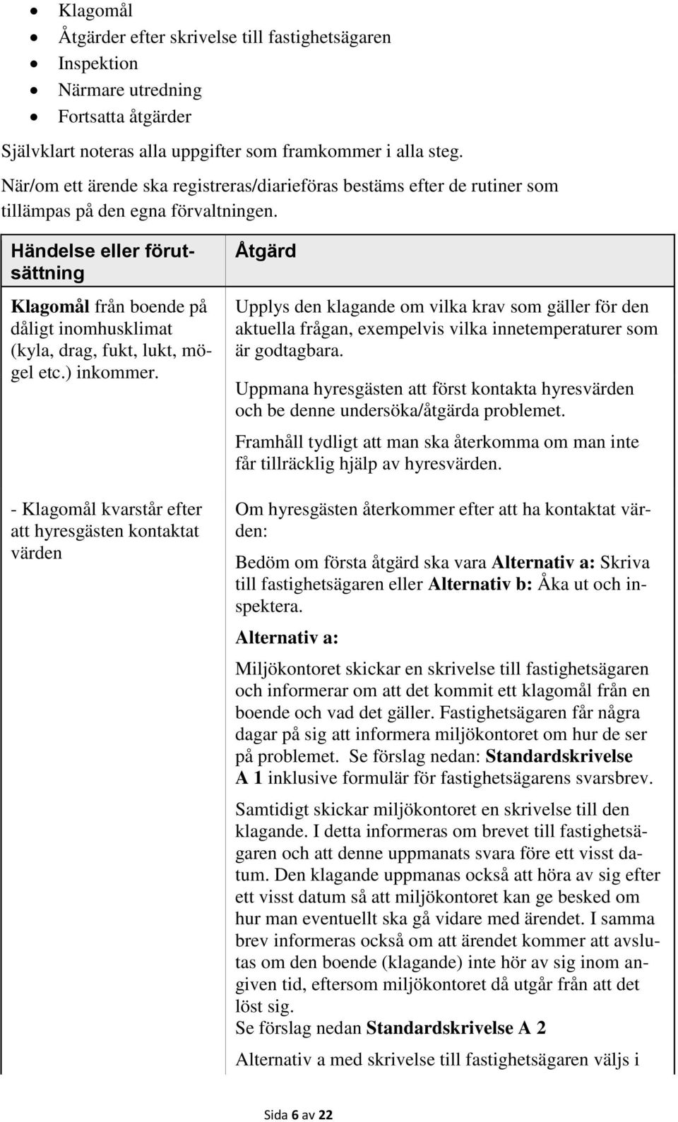 Händelse eller förutsättning Klagomål från boende på dåligt inomhusklimat (kyla, drag, fukt, lukt, mögel etc.) inkommer.