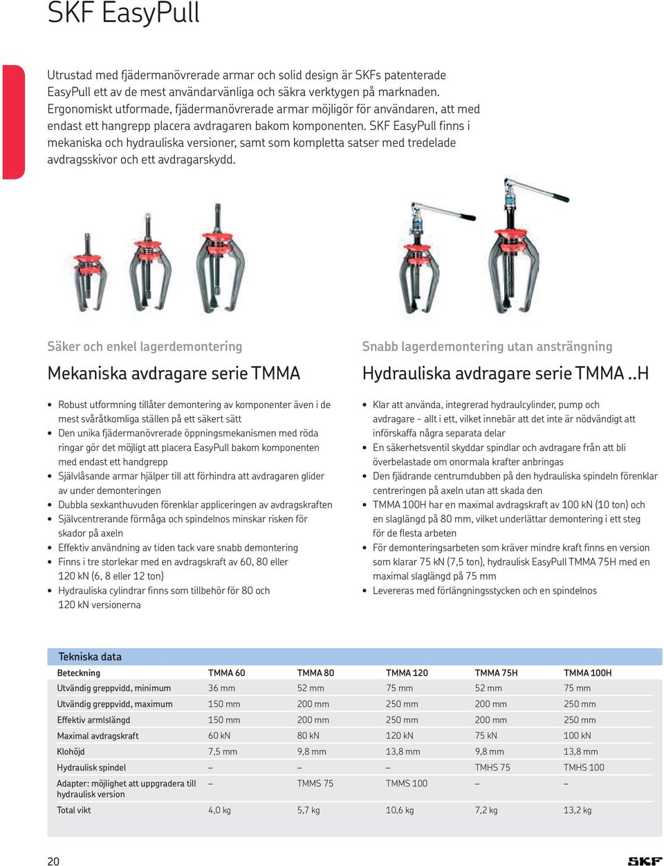 SKF EasyPull finns i mekaniska och hydrauliska versioner, samt som kompletta satser med tredelade avdragsskivor och ett avdragarskydd.