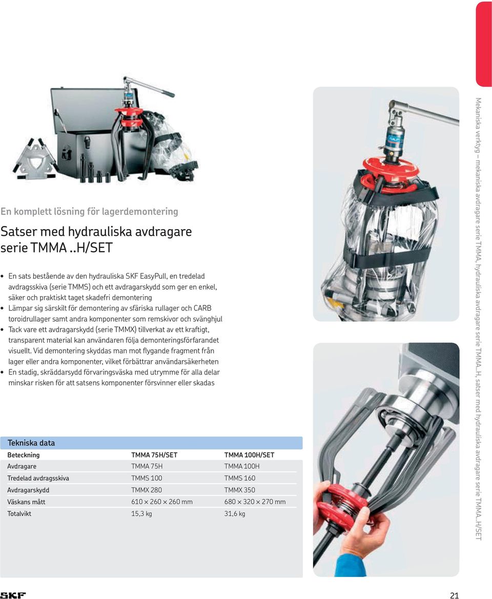 särskilt för demontering av sfäriska rullager och CARB toroidrullager samt andra komponenter som remskivor och svänghjul Tack vare ett avdragarskydd (serie TMMX) tillverkat av ett kraftigt,