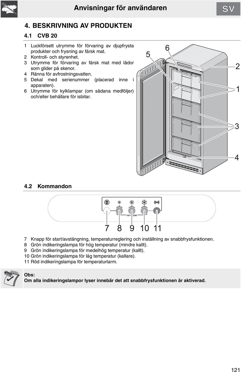 6 Utrymme för kylklampar (om sådana medföljer) och/eller behållare för isbitar. 4.2 Kommandon 7 Knapp för start/avstängning, temperaturreglering och inställning av snabbfrysfunktionen.