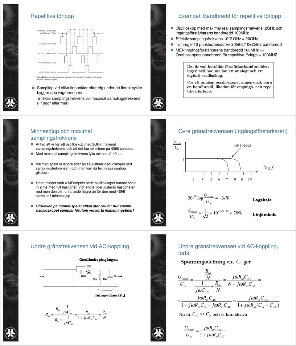 bygger upp vågformen > effektiv samplgsfrekvens >> maximal samplgsfrekvens (~0ggr eller mer) Det är vad beträffar förstärkarbandbredden gen skillnad mellan ett analogt och ett digitalt oscilloskop.