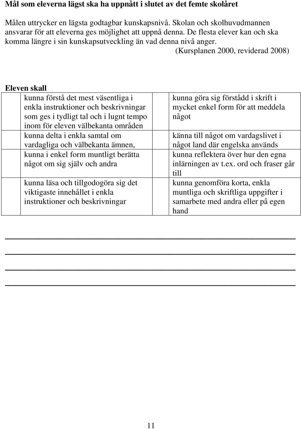 (Kursplanen 2000, reviderad 2008) kunna förstå det mest väsentliga i enkla instruktioner och beskrivningar som ges i tydligt tal och i lugnt tempo inom för eleven välbekanta områden kunna delta i