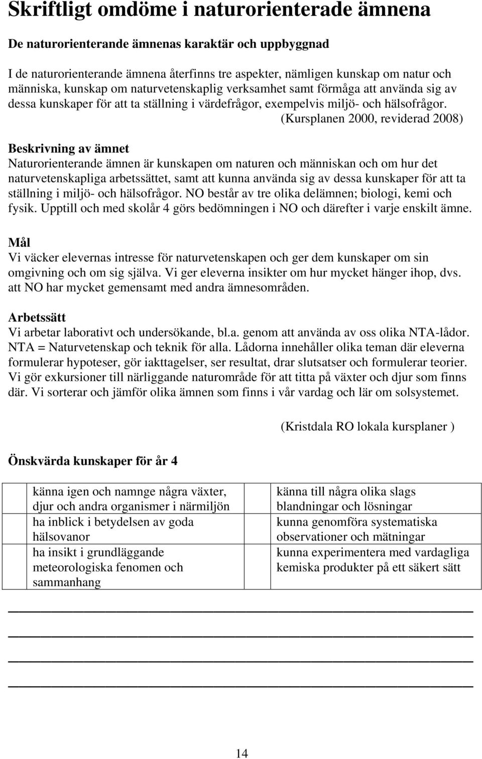 (Kursplanen 2000, reviderad 2008) Beskrivning av ämnet Naturorienterande ämnen är kunskapen om naturen och människan och om hur det naturvetenskapliga arbetssättet, samt att kunna använda sig av