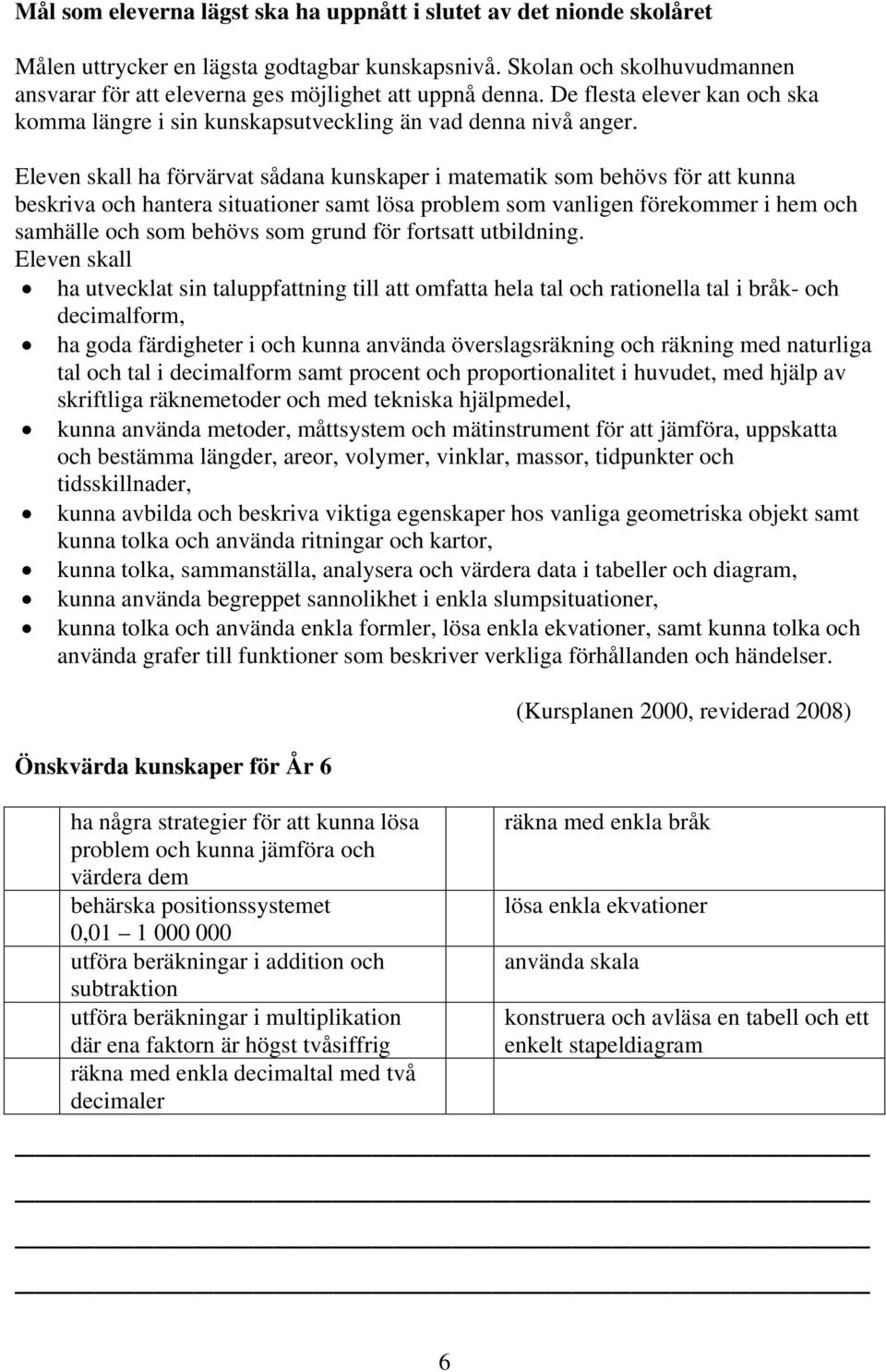 ha förvärvat sådana kunskaper i matematik som behövs för att kunna beskriva och hantera situationer samt lösa problem som vanligen förekommer i hem och samhälle och som behövs som grund för fortsatt