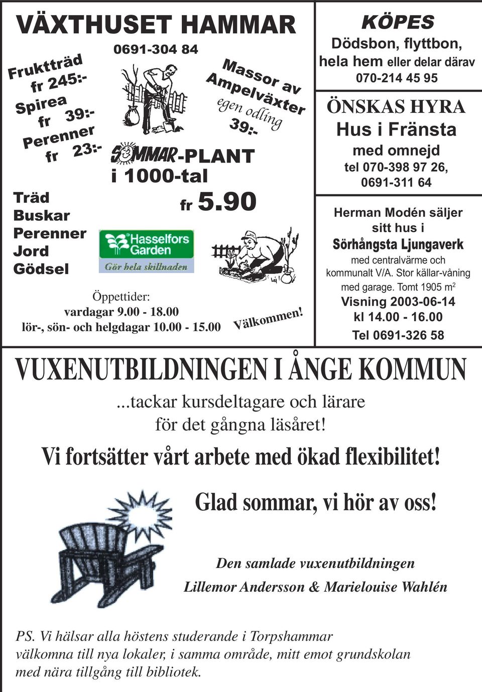 KÖPES Dödsbon, flyttbon, hela hem eller delar därav 070-214 45 95 ÖNSKAS HYRA Hus i Fränsta med omnejd tel 070-398 97 26, 0691-311 64 Herman Modén säljer sitt hus i Sörhångsta Ljungaverk med