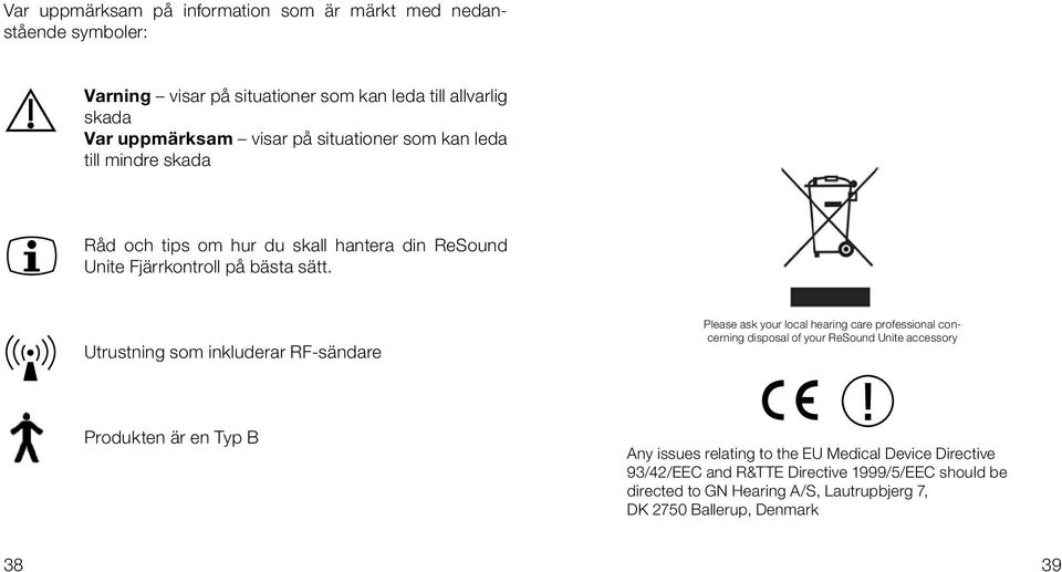 Utrustning som inkluderar RF-sändare Please ask your local hearing care professional concerning disposal of your ReSound Unite accessory Produkten är en