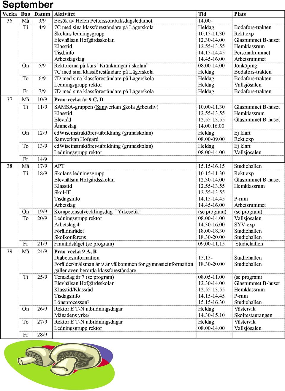 rektor Fr 7/9 7D med sina klassföreståndare på Lägerskola 37 Må 10/9 Prao-vecka år 9 C, D Ti 11/9 SAMSA-gruppen (Samverkan Skola Arbetsliv) On 12/9 edwiseinstruktörer-utbildning (grundskolan)